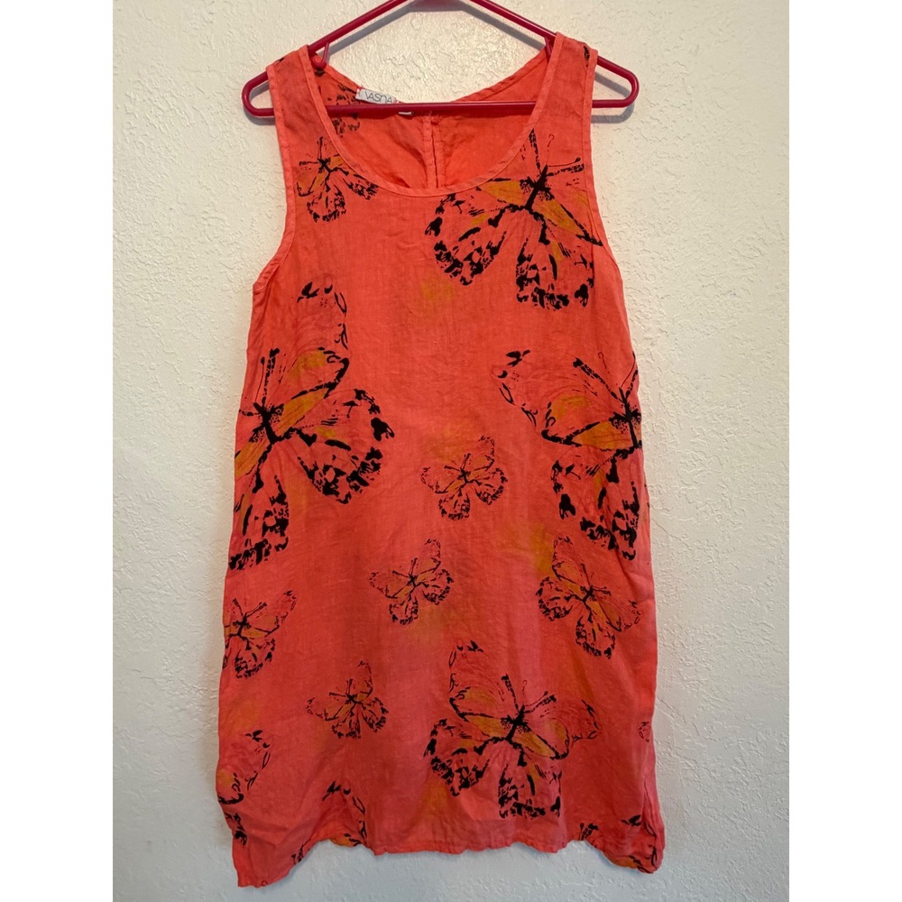 Vasna Italy Coral Pink Linen Butterfly Print Shift Dress Sleeveless Small